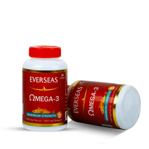 Sois Life Sciences Everseas Omega-3 Maximum Strength Softgels, supports normal vision and brain function with DHA, promotes heart health and normal blood pressure with EPA and DHA, and enhances bone and muscle function with Vitamin D.