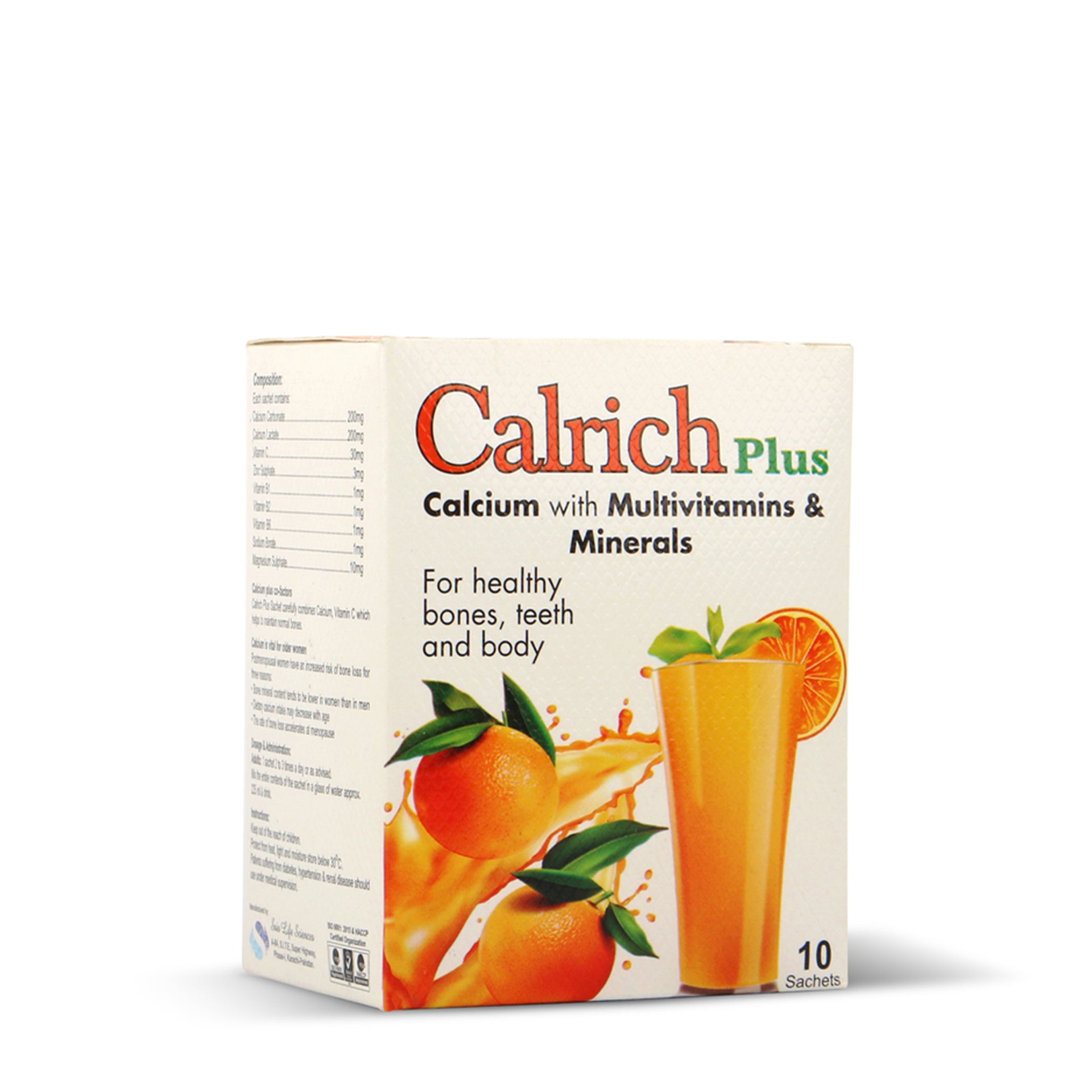 Sois Life Sciences Calrich Plus Sachet, supports cell protection, maintains healthy skin, blood vessels, bones, and cartilage, promotes collagen formation, aids in wound healing, and boosts immunity.