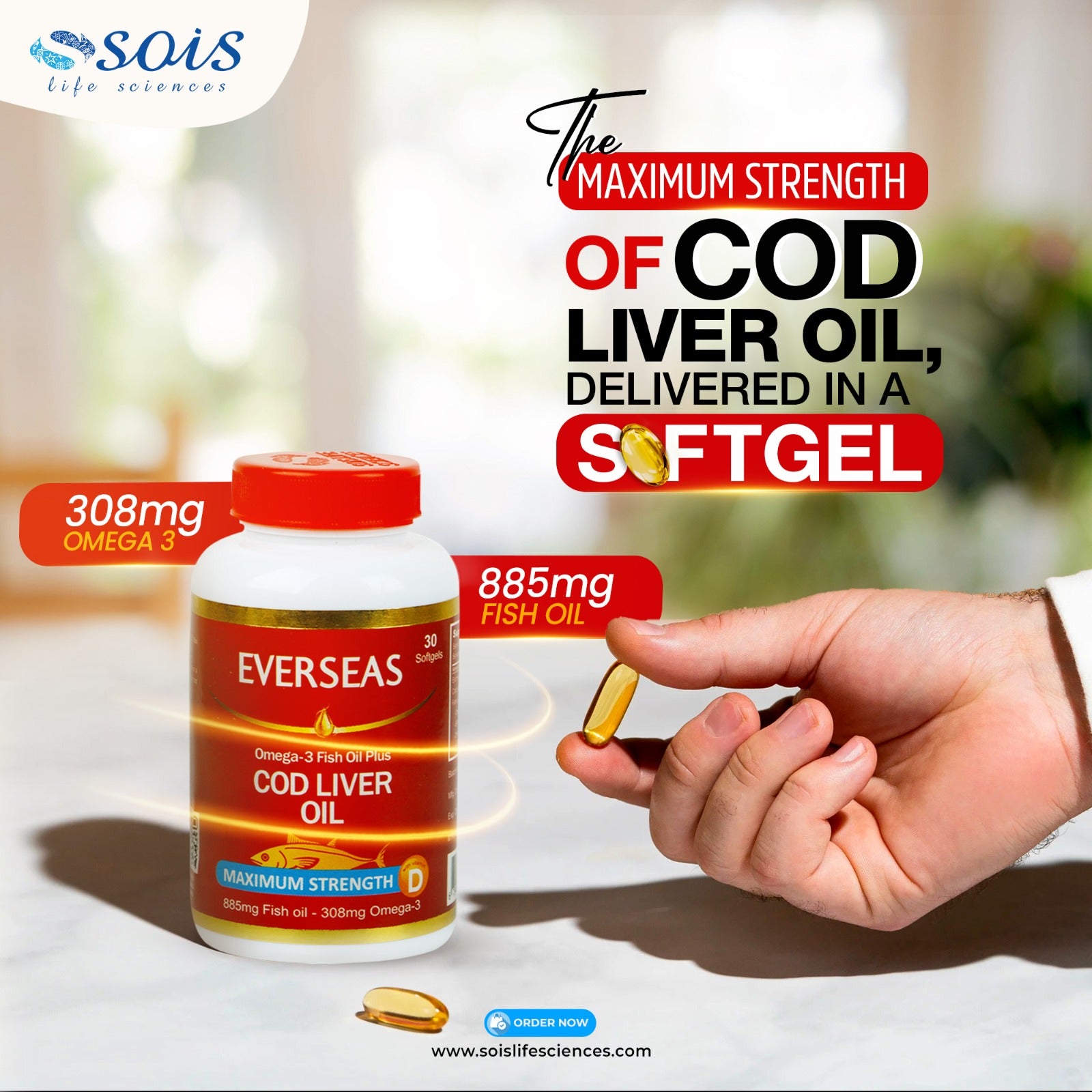 Sois Life Sciences Everseas Cod Liver Oil Maximum Strength Softgels, supports normal vision and brain function with DHA, contributes to heart health with EPA and DHA, and enhances bone, muscle, and immune function with Vitamin D.