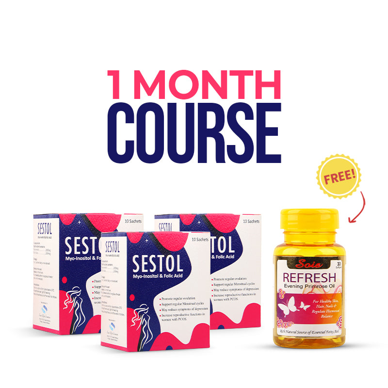 Buy 3 Sestol Sachets and get 1 Refresh Softgel 30's free. Supports hormonal balance, improves ovarian function, and aids fertility.